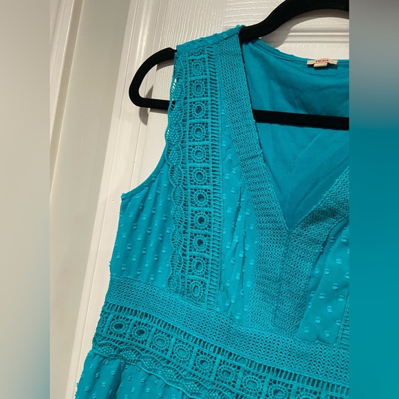 NWT Reba Size S Turquoise Swiss Dot Lace Sleeveless Midi Dress Asymmetrical Hem - Picture 5 of 14